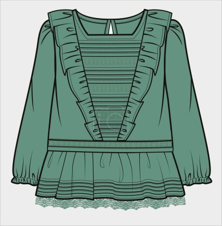 Illustration for FRILLED BLOUSE WITH PINTUCKS DETAIL FOR KID GIRLS AND TEEN GIRLS IN EDITABLE VECTOR FILE - Royalty Free Image
