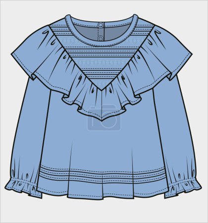 Illustration for FRILLED LONG SLEEVES WOVEN TOP WITH PINTUCK YOKE FOR KID GIRLS AND TODDLER GIRLS IN EDITABLE VECTOR FILE - Royalty Free Image