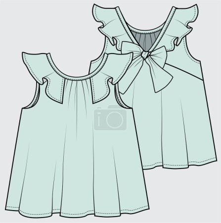 Illustration for SLEEVELESS RUFFLED WOVEN TOP WITH BACK BOW DETAIL FOR TEEN GIRLS AND KID GIRLS IN EDITABLE VECTOR FILE - Royalty Free Image