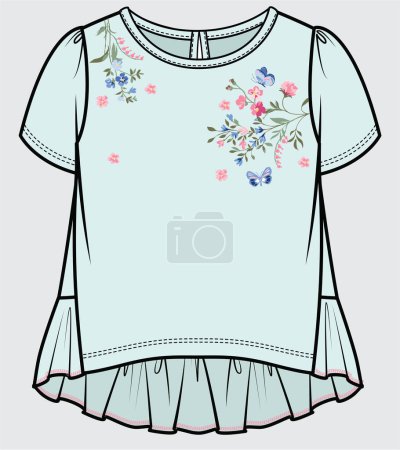 Illustration for PUFF SLEEVES FRILLED WOVEN TOP FOR WOMEN AND TEEN GIRLS IN EDITABLE VECTOR FILE - Royalty Free Image