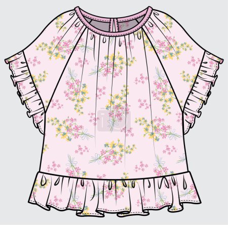 Illustration for DITSY FLORAL FRILLED WOVEN TOP FOR TEEN GIRLS AND KID GIRLS WITH EXPANDED PATTERN IN EDITABLE VECTOR FILE - Royalty Free Image