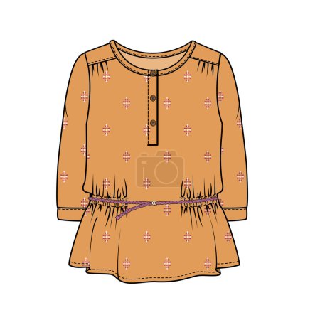 Illustration for GATHERED YOKE WITH WAIST TIE UP DETAIL FOR KID GIRLS AND TEEN GIRLS IN EDITABLE VECTOR FILE - Royalty Free Image