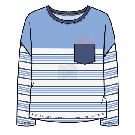 Illustration for STRIPED TEE WITH CONTRAST POCKET FOR KID GIRLS AND TEEN GIRLS IN EDITABLE VECTOR FILE - Royalty Free Image