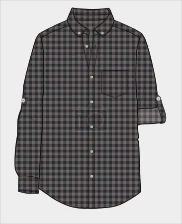 Illustration for Button down collar with turn up sleeves gingham shirt for men and boys in editable vector file - Royalty Free Image