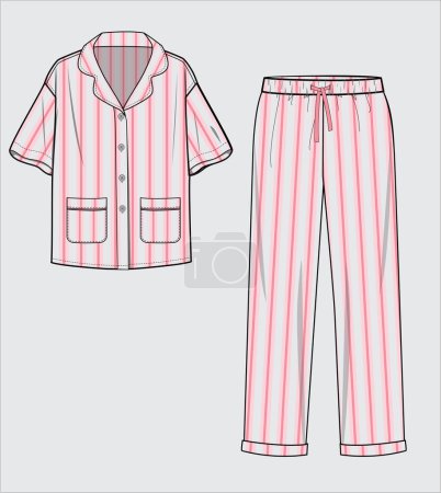 Illustration for KID GIRLS AND TEEN GIRLS STRIPED PATTERN TOP AND PAJAMA SET VECTOR - Royalty Free Image