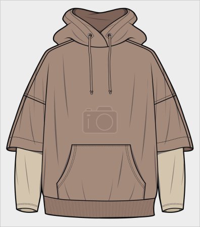 Illustration for Hooded sweat top with layered sleeves detail for women and teen girls in editable vector file - Royalty Free Image