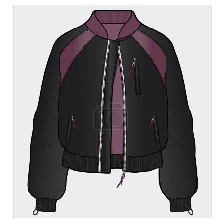Illustration for Raglan sleeves puffed quilted jacket for women and teen girls in editable vector file - Royalty Free Image
