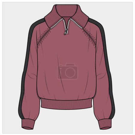Illustration for Raglan sleeves knitted sweater with taping detail and built up neckline with half zipper for women and teen girls - Royalty Free Image