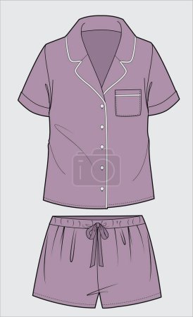 Illustration for NOTCH COLLAR TOP AND KNICKERS MATCHING NIGHTWEAR SET FOR TEEN AND KID GIRLS WEAR VECTOR - Royalty Free Image