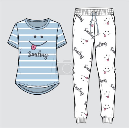 Téléchargez les illustrations : SMILEY GRAPHIC TOP AND SMILEY SEAMLESS PATTERN BOTTOM PYJAMA SET FOR WOMEN TEENS GIRLS AND KID GIRLS IN EDITABLE VECTOR FILE - en licence libre de droit