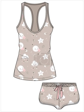 Illustration for WOMENS TANK AND BOY SHORT MATCHING NIGHTWEAR SET IN EDITABLE VECTOR FILE - Royalty Free Image