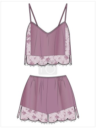 Illustration for WOMENS CAMI AND SHORTS SATIN MATCHING NIGHTWEAR SET IN EDITABLE VECTOR FILE - Royalty Free Image