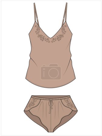 Illustration for EMBROIERED WOMENS TANK AND BOY SHORT MATCHING NIGHTWEAR SET IN EDITABLE VECTOR FILE - Royalty Free Image
