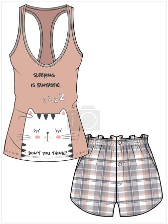 Illustration for WOMENS TANK AND CHECK BOY SHORT NIGHTWEAR SET IN EDITABLE VECTOR FILE - Royalty Free Image