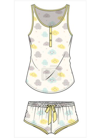 Illustration for DOODLE SEAMLESS PRINT CAMI AND BOY SHORTS NIGHTWEAR SET FOR WOMEN AND TEEN GIRLS IN EDITABLE VECTOR FILE - Royalty Free Image