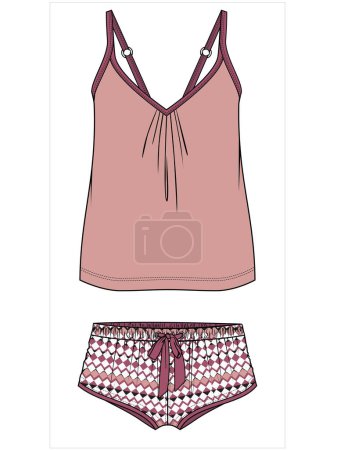 Illustration for CAMI AND GEO PRINT BOY SHORTS NIGHTWEAR SET FOR WOMEN AND TEEN GIRLS IN EDITABLE VECTOR FILE - Royalty Free Image