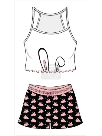 Illustration for RIBBED CAMI AND PRINTED SHORTS NIGHTWEAR SET FOR WOMEN AND TEEN GIRLS IN EDITABLE VECTOR FILE - Royalty Free Image
