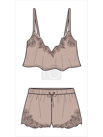 Illustration for EMBROIDERED CAMI AND BOYSHORTS FOR WOVEN BRIDAL NIGHTWEAR SET IN EDITABLE VECTOR FILE - Royalty Free Image