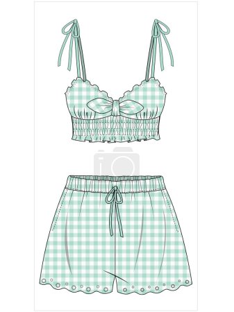 Illustration for WOVEN MATCHING NIGHTWEAR TANK AND SHORT IN GINGHAM CHECK FOR WOMEN IN EDITABLE VECTOR FILE - Royalty Free Image