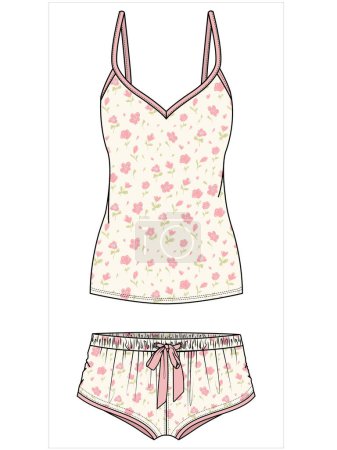 Illustration for PINK FLORAL CAMI AND SHORTS MATCHING NIGHTWEAR SET FOR WOMEN AND TEEN GIRLS IN EDITABLE VECTOR FILE - Royalty Free Image