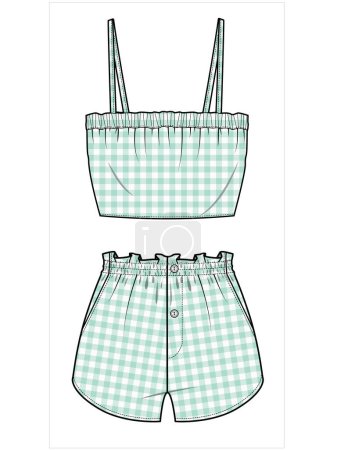Illustration for WOVEN MATCHING NIGHTWEAR TANK AND SHORTS IN GINGHAM CHECK FOR WOMEN IN EDITABLE VECTOR FILE - Royalty Free Image