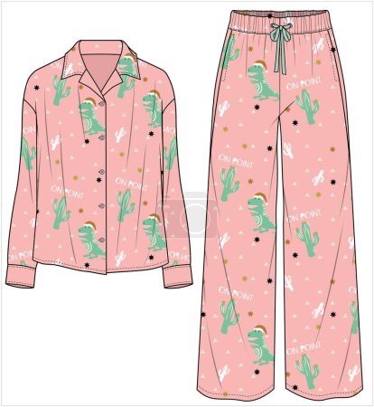 Illustration for NOTCH COLLAR TOP WITH WIDE LEG BOTTOM MATCHING PYJAMA SET FOR WOMEN IN EDITABLE VECTOR FILE - Royalty Free Image