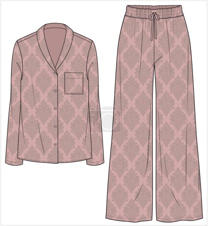 Illustration for SHAWL COLLAR TOP WITH WIDE LEG BOTTOM SATIN MATCHING PYJAMA SET FOR WOMEN IN EDITABLE VECTOR FILE - Royalty Free Image