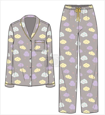 Illustration for SHAWL COLLAR TOP WITH STRAIGHT LEG BOTTOM MATCHING PYJAMA SET FOR WOMEN IN EDITABLE VECTOR FILE - Royalty Free Image