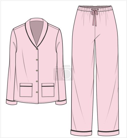 SHAWL COLLAR TOP WITHPPING DETAIL MATCHING PYJAMA SET FOR WOMEN IN EDITABLE VECTOR FILE