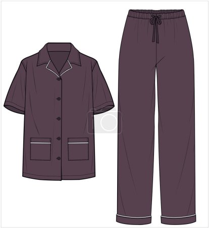 Illustration for SHORT SLEEVES NOTCH COLLAR TOP WITH PIPING DETAIL PYJAMA SET FOR WOMEN IN EDITABLE VECTOR FILE - Royalty Free Image