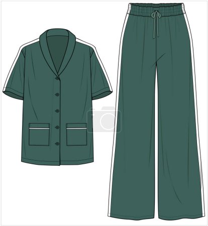 Illustration for SHAWL COLLAR TOP WITH WIDE LEG BOTTOM AND SIDE TAPE DETAIL MATCHING PYJAMA SET FOR WOMEN IN EDITABLE VECTOR FILE - Royalty Free Image