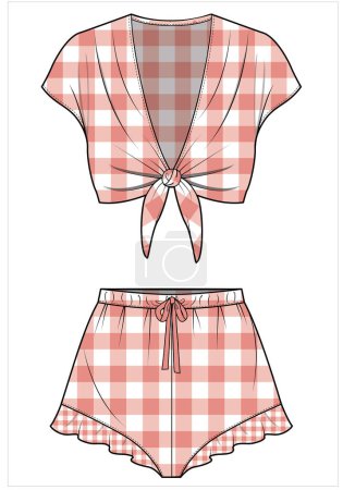 Illustration for WOVEN NIGHTWEAR TIE UP TOP AND SHORT IN GINGHAM CHECK FOR WOMEN IN EDITABLE VECTOR FILE - Royalty Free Image