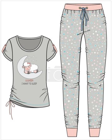 Illustration for WOMEN TEE AND JOGGERS WITH SHEEP GRAPHIC NIGHTWEAR SET IN EDITABLE VECTOR FILE - Royalty Free Image