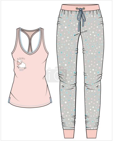 Illustration for WOMEN TANK AND JOGGERS WITH SHEEP GRAPHIC NIGHTWEAR SET IN EDITABLE VECTOR FILE - Royalty Free Image