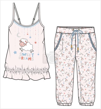 Illustration for WOMEN TANK AND CAPRI JOGGERS WITH SHEEP GRAPHIC NIGHTWEAR SET IN EDITABLE VECTOR FILE - Royalty Free Image