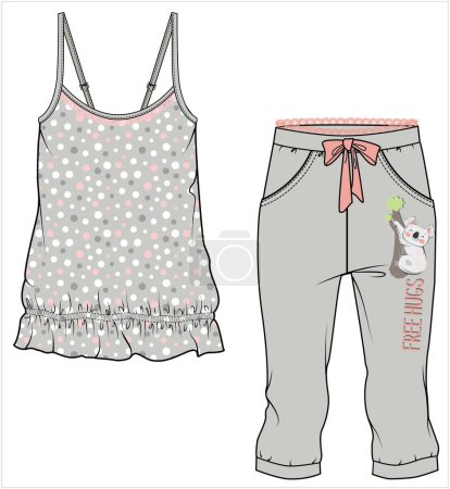 Illustration for WOMEN TANK AND CAPRI JOGGERS WITH KOALA GRAPHIC NIGHTWEAR SET IN EDITABLE VECTOR FILE - Royalty Free Image
