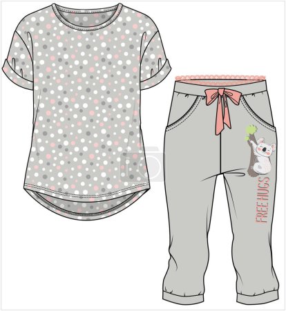 Illustration for WOMEN TEE AND CAPRI JOGGERS WITH KOALA GRAPHIC NIGHTWEAR SET IN EDITABLE VECTOR FILE - Royalty Free Image