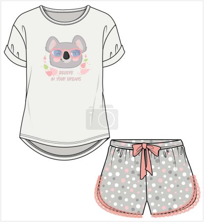 WOMEN TEE AND SHORTS WITH KOALA GRAPHIC NIGHTWEAR SET IN EDITABLE VECTOR FILE