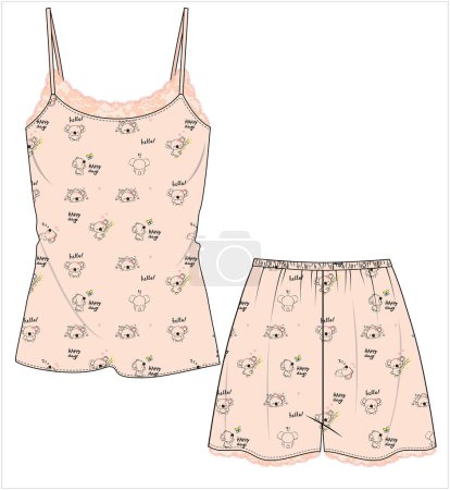 Illustration for WOMEN TEE AND SHORTS IN KOALA PRINT NIGHTWEAR SET IN EDITABLE VECTOR FILE - Royalty Free Image