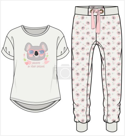 Illustration for WOMEN TEE AND JOGGERS WITH KOALA GRAPHIC NIGHTWEAR SET IN EDITABLE VECTOR FILE - Royalty Free Image