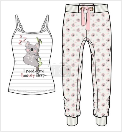 Illustration for WOMEN TANK AND JOGGERS WITH KOALA GRAPHIC NIGHTWEAR SET IN EDITABLE VECTOR FILE - Royalty Free Image