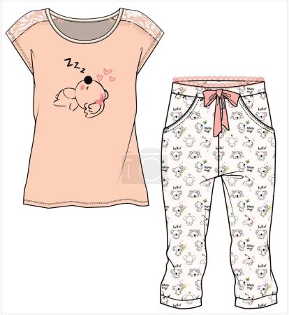 Illustration for WOMEN TEE AND CAPRI JOGGERS WITH KOALA GRAPHIC NIGHTWEAR SET IN EDITABLE VECTOR FILE - Royalty Free Image