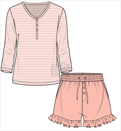 Illustration for WOMEN AND TEEN GIRLS TEES AND SHORTS NIGHTWEAR SET IN EDITABLE VECTOR FILE - Royalty Free Image