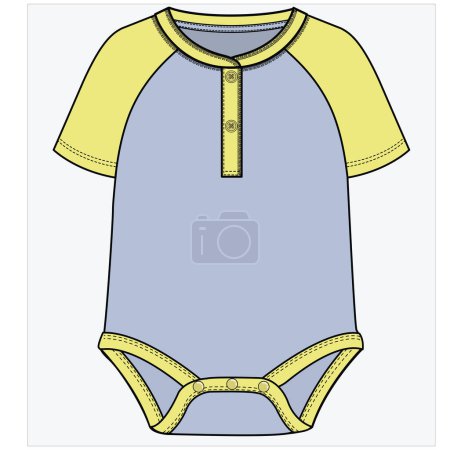 Illustration for BODYSUIT WITH CONTRAST RAGLAN SLEEVES AND HENLEY NECKLINE DETAIL FOR BABY BOYS AND TODDLER BOYS IN EDITABLE VECTOR FILE - Royalty Free Image