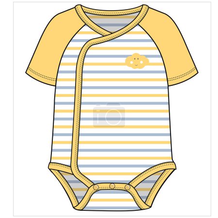 Illustration for STRIPED BODYSUIT WITH CONTRAST RAGLAN SLEEVES AND CONTRAST RIB DETAIL FOR BABY BOYS AND TODDLER BOYS IN EDITABLE VECTOR FILE - Royalty Free Image