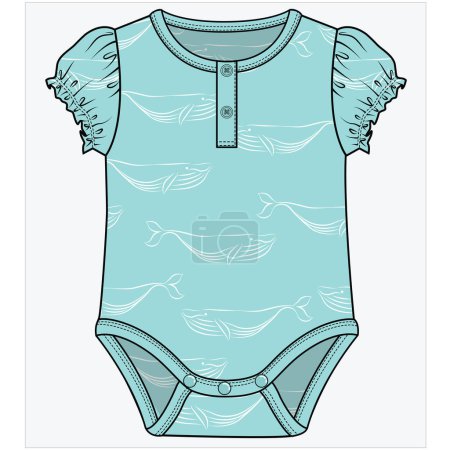 Illustration for BLUE PUFF SLEEVES BODYSUIT WITH WHALE PRINT FOR BABY GIRLS AND TODDLER GIRLS IN EDITABLE VECTOR FILE - Royalty Free Image
