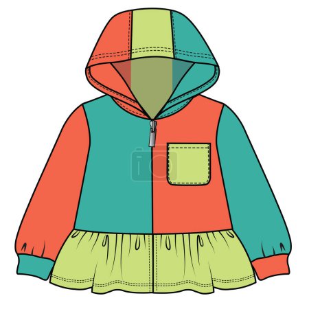 Illustration for COLOR BLOCKHOODIE JACKET FOR TODDLER AND BABY GIRLS IN EDITABLE VECTOR - Royalty Free Image