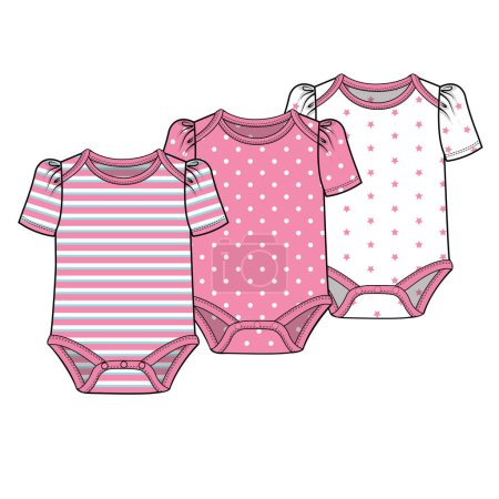 SET OF THREE ROMPERS FOR GIRLS WITH GRAPCHIC ROMPERS, SEAMLESS PATTERN ROMPERS AND STRIPED ROMPERS 
