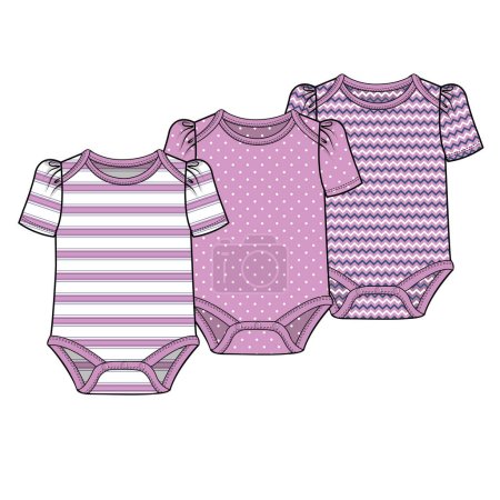 Illustration for SET OF THREE ROMPERS FOR GIRLS WITH GRAPCHIC ROMPERS, SEAMLESS PATTERN ROMPERS AND STRIPED ROMPERS - Royalty Free Image