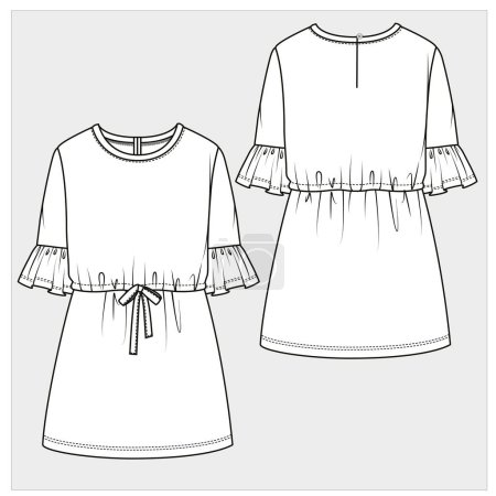 Illustration for Front and back view of dress for teen girls and kid girls in editable vector - Royalty Free Image